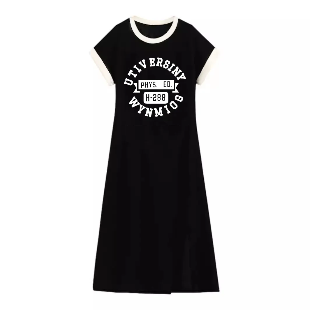 เดรสผ้าไหมน้ำแข็งแขนสั้นสำหรับฤดูร้อน ชุดลำลองสำหรับผู้หญิง สวมใส่สบายๆ ในบ้าน ดีไซน์ผ่าข้างยาว ทรงเข้ารูป พิมพ์ลายตัวอักษร แฟชั่นทันสมัย