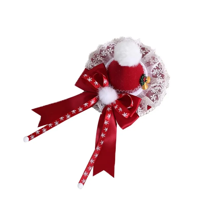 Novo chapéu de natal artesanal original doce bonito lolita renda furball grande arco grampo de cabelo natal pequeno presente chapéu
