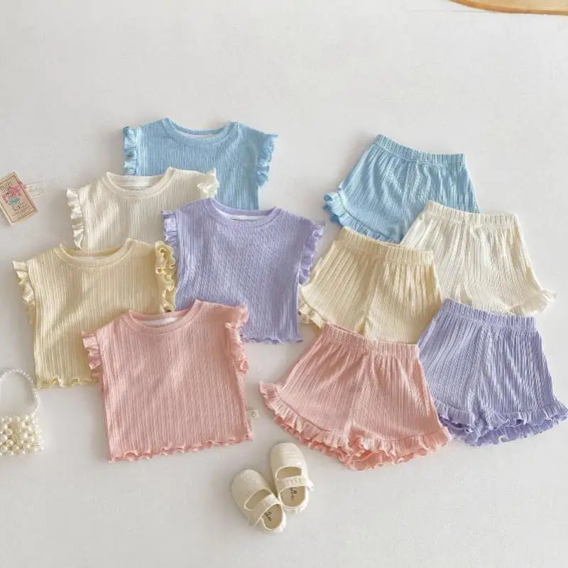 

2026 Summer New Girls Fashion Clothes Set Baby Girl Solid O-neck Flying Sleeve Tops + Shorts 2pcs Suit Toddler Solid Outfits