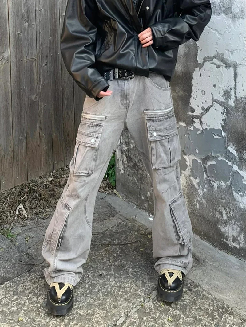 

Мужские летние джинсы-бомберы в американском уличном стиле с множеством карманов, выцветшие, бело-серые, удлиненные