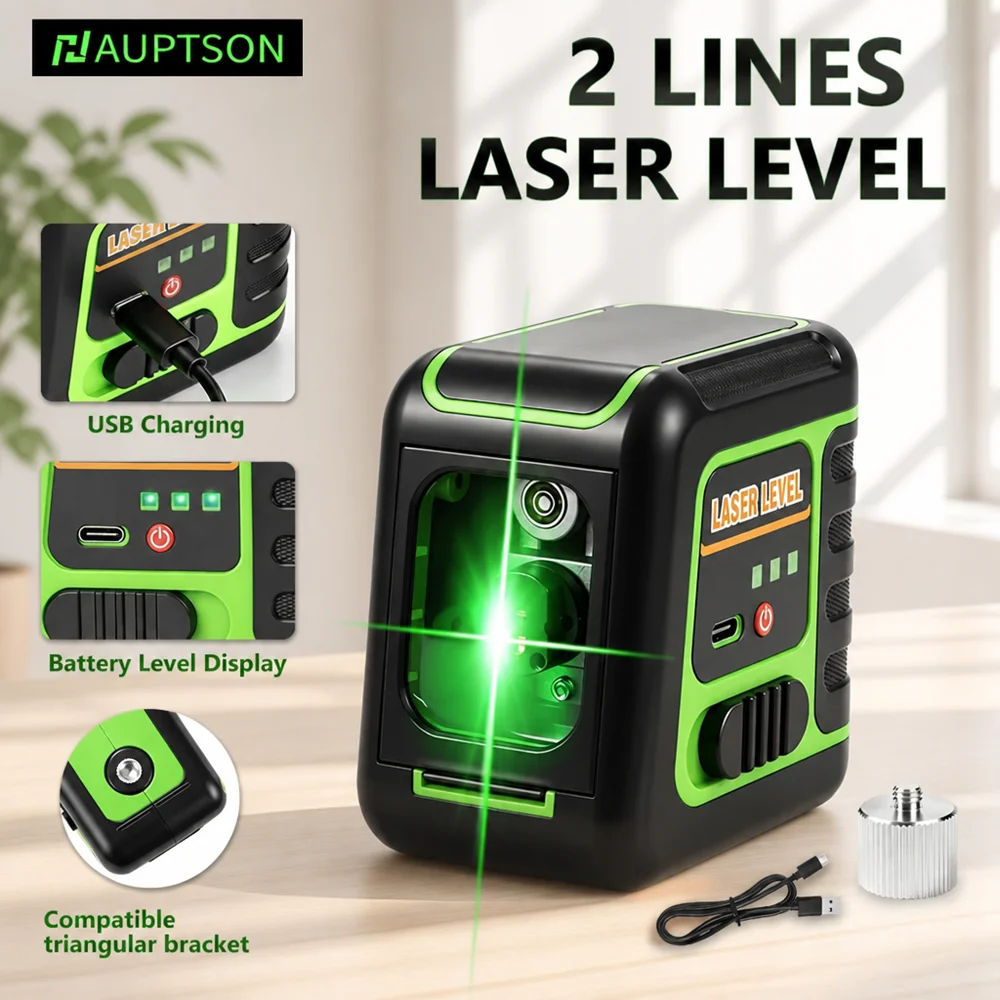 HAUPTSON Laser Level 2 Lines Self Leveling USB Rechargeable Green Beam High Visibility Home Construction Measuring Tool