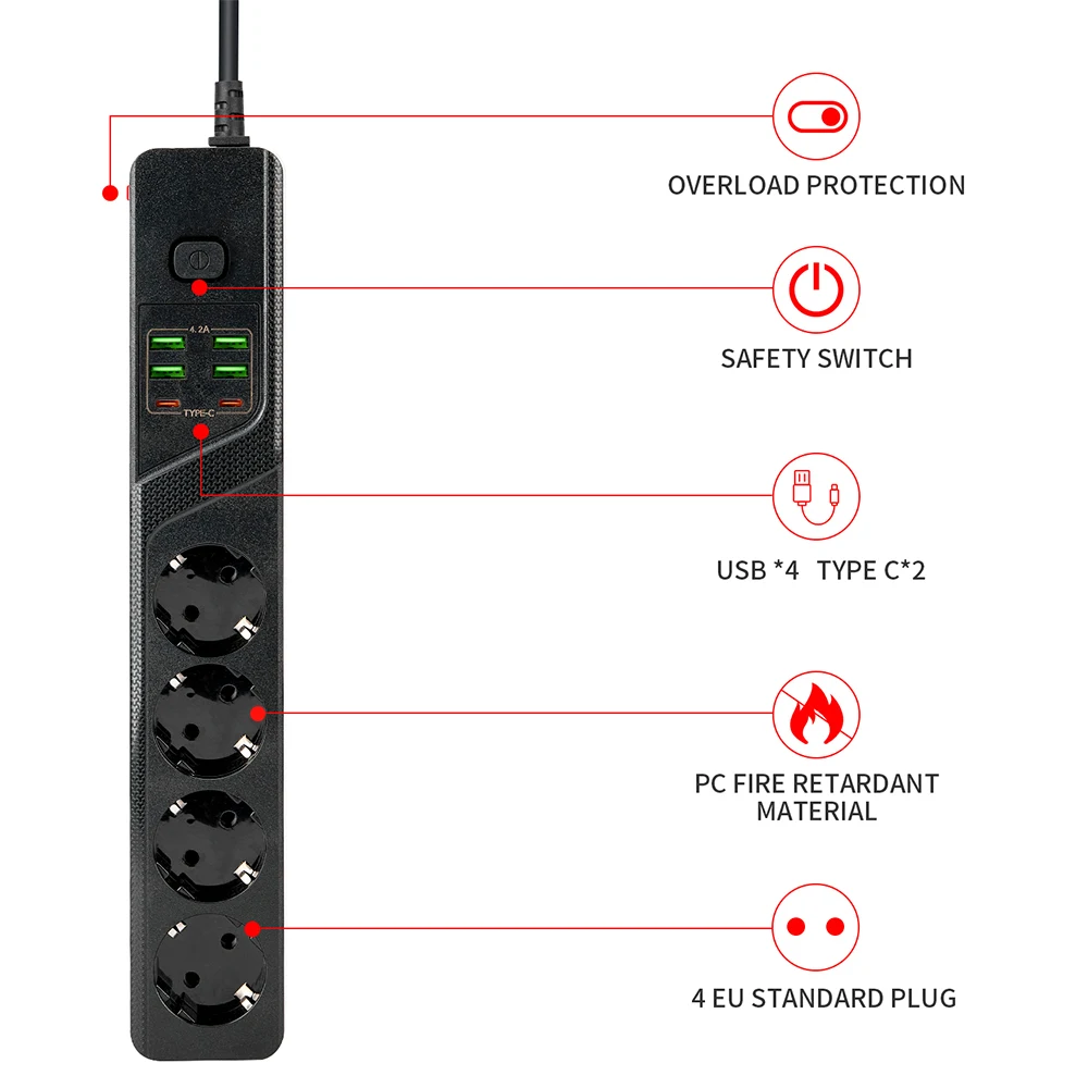 Standard Grounded Power Strip 4 EU Plugs Sockets 4 USB 2 Type C Ports Overload Protection With Extension Cable for Home Office