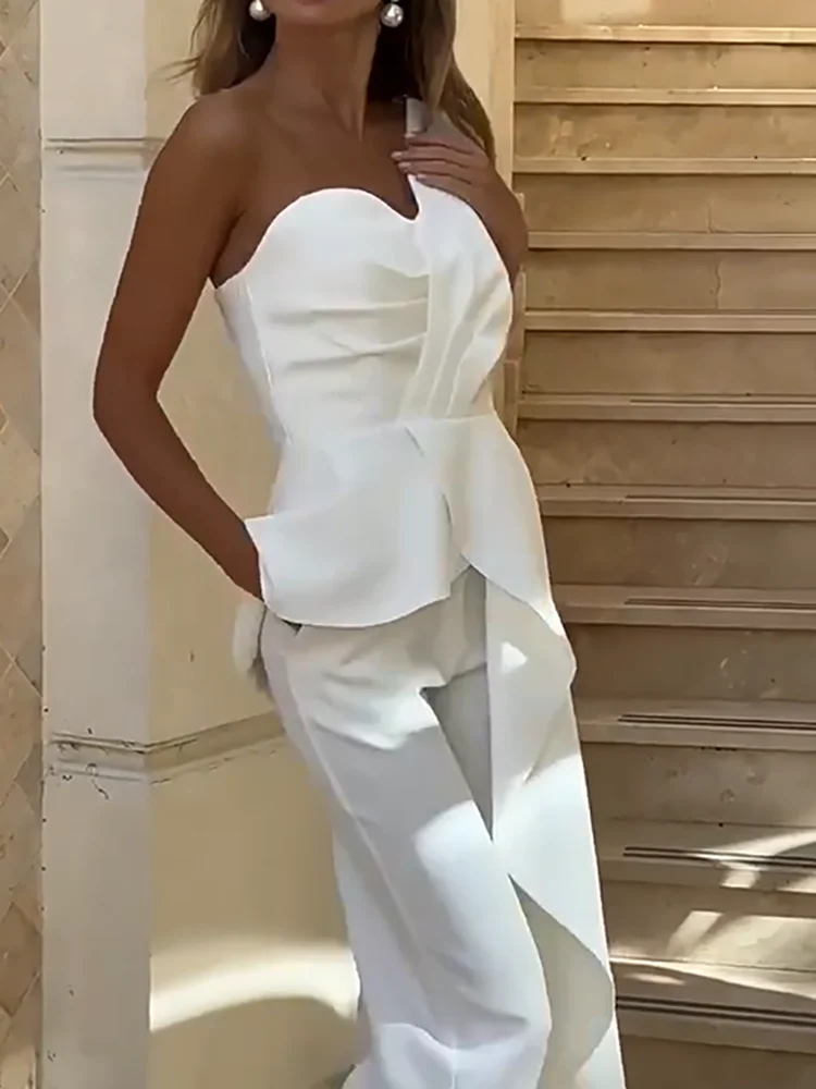 

Fashion Sloping Collar Top and Long Pants Women Two Piece Summer Asymmetrical Slim Fit Office Suit Sexy Hollow Out Ruffle Outfit