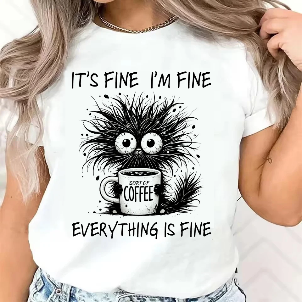 Funny Design T Shirt Short Sleeve T-Shirt Whimsical Cat and Coffee Graphic Print Women's T-Shirt Clothing Women's Top Tee