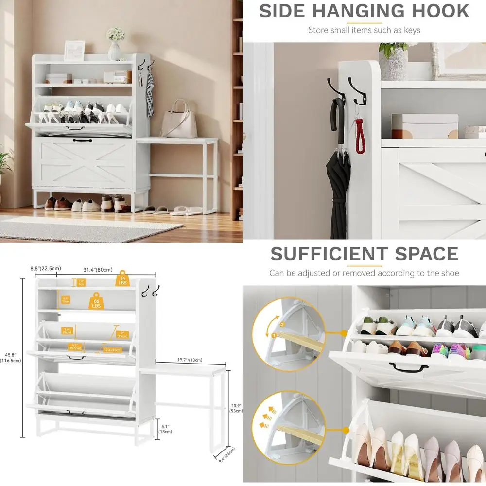 

Белый тонкий шкаф для хранения обуви с 2 ящиками, вмещает до 16 пар, идеально подходит для прихожей, гостиной, коридора.