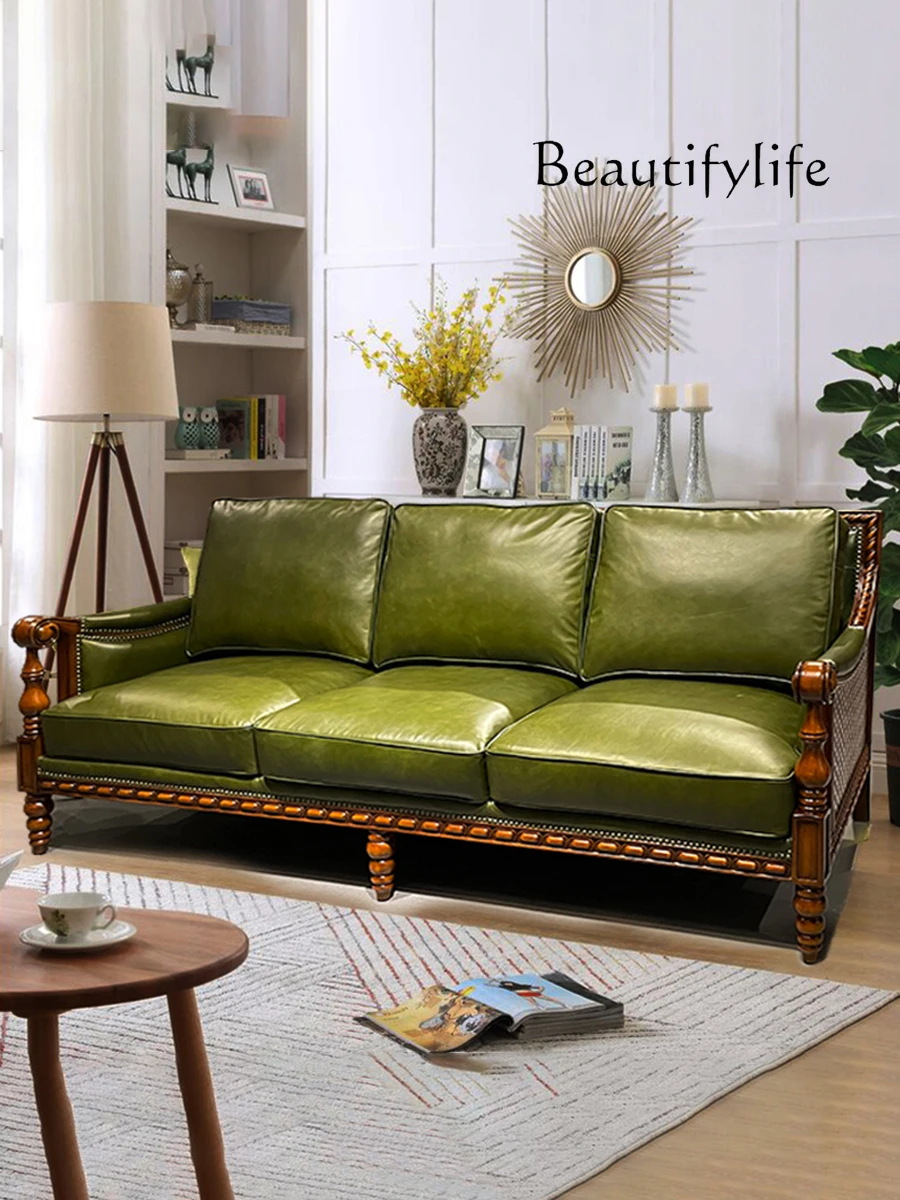 American-Style Solid Wood Sofa Retro Leather Sofa Combination European-Style Villa Light Luxury Leather Sofa