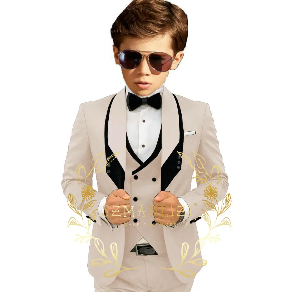 Kids Black Suit Jacket Pant Vest 3 Piece Wedding Boys Tuxedo Shawl Lapel Blazer Formal Oitfit Child Custom Clothes