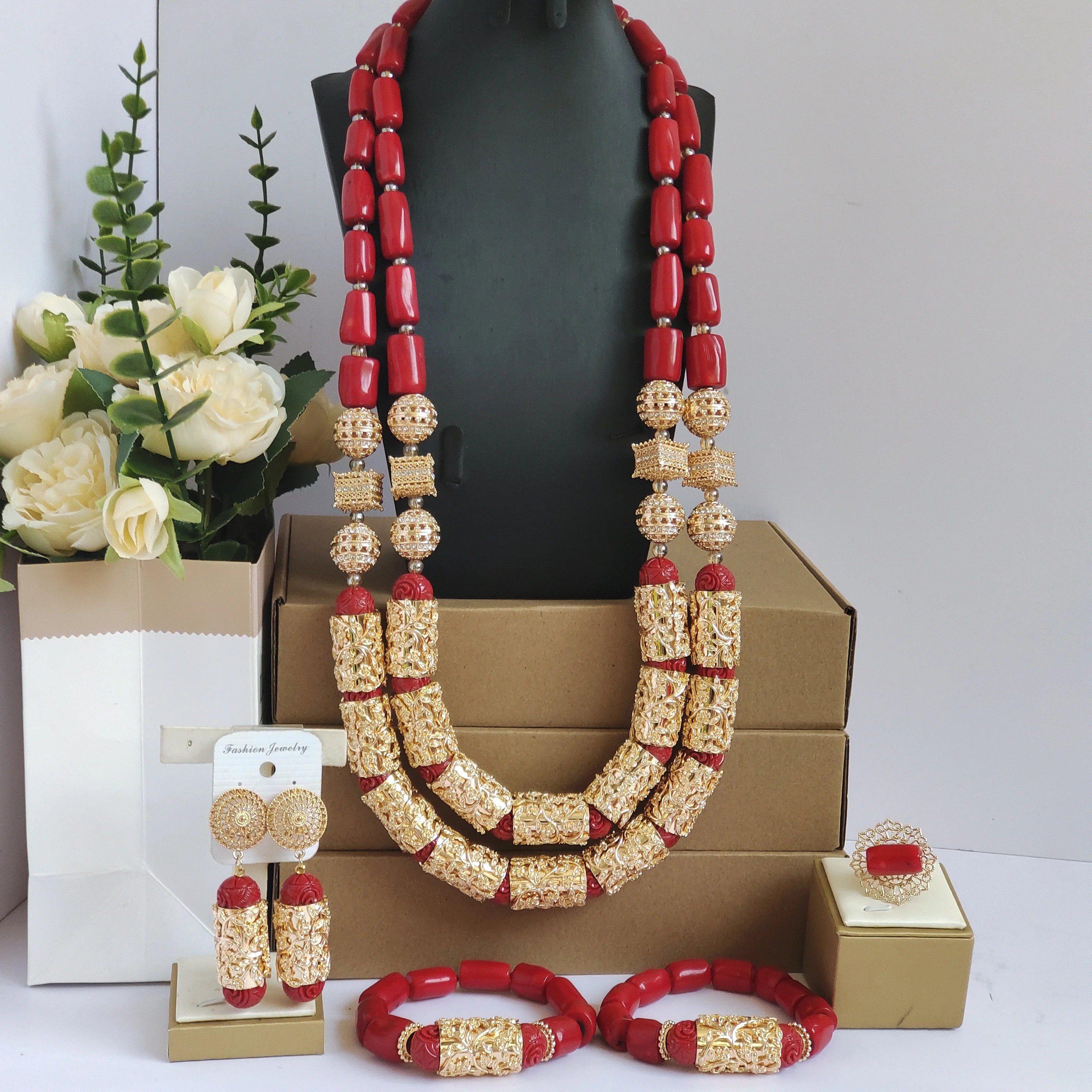 

Aczuv real red coral jewelry bridal set nigeria beads for traditional marriage