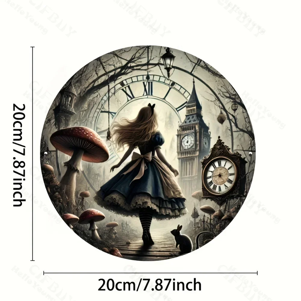 Enchanting Round Metal Wall Decor, Vintage Alice in Wonderland Theme, Waterproof, Great for Garage, Patio, Farmhouse At Xmas.