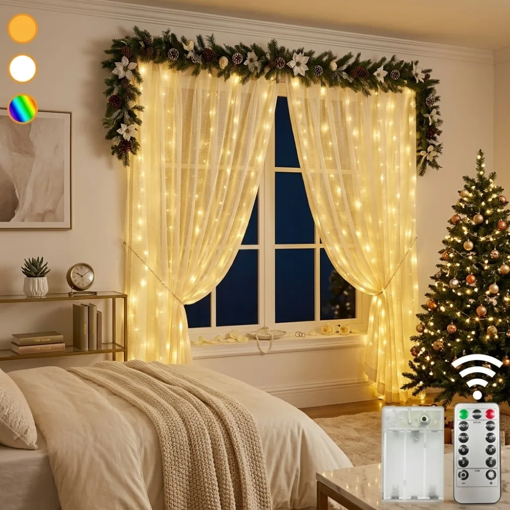 Battery Operated Fairy Curtain Lights Remote Warm White for Christmas Wedding Bedroom Shelf Festive Room Window Balcony Decor