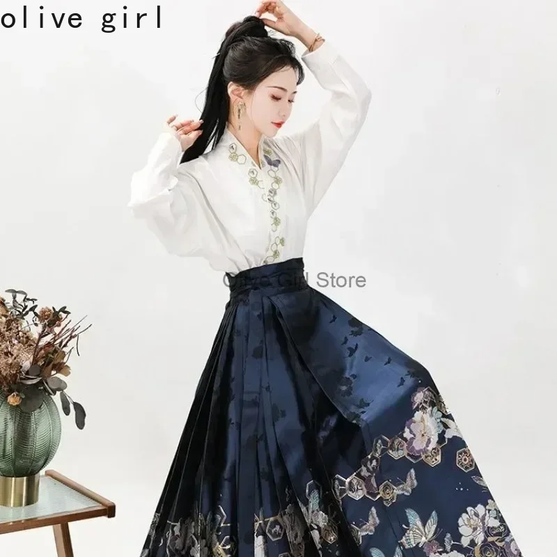 Traditionele Chinese Hanfu Shirt Paardengezicht Rok Tweedelige Set Lente Herfst Pak Hanfu Rok Mamianqun Jurk Dameskleding