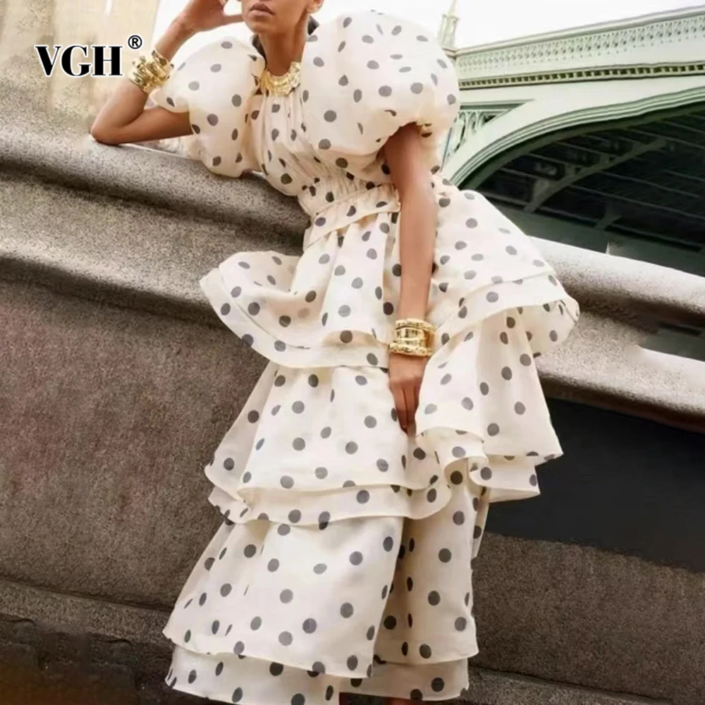

VGH Loose Cute Printing Two Piece Sets For Women Round Neck Puff Sleeve Top High Waist Long Skirts Elegant Set Female Fashion