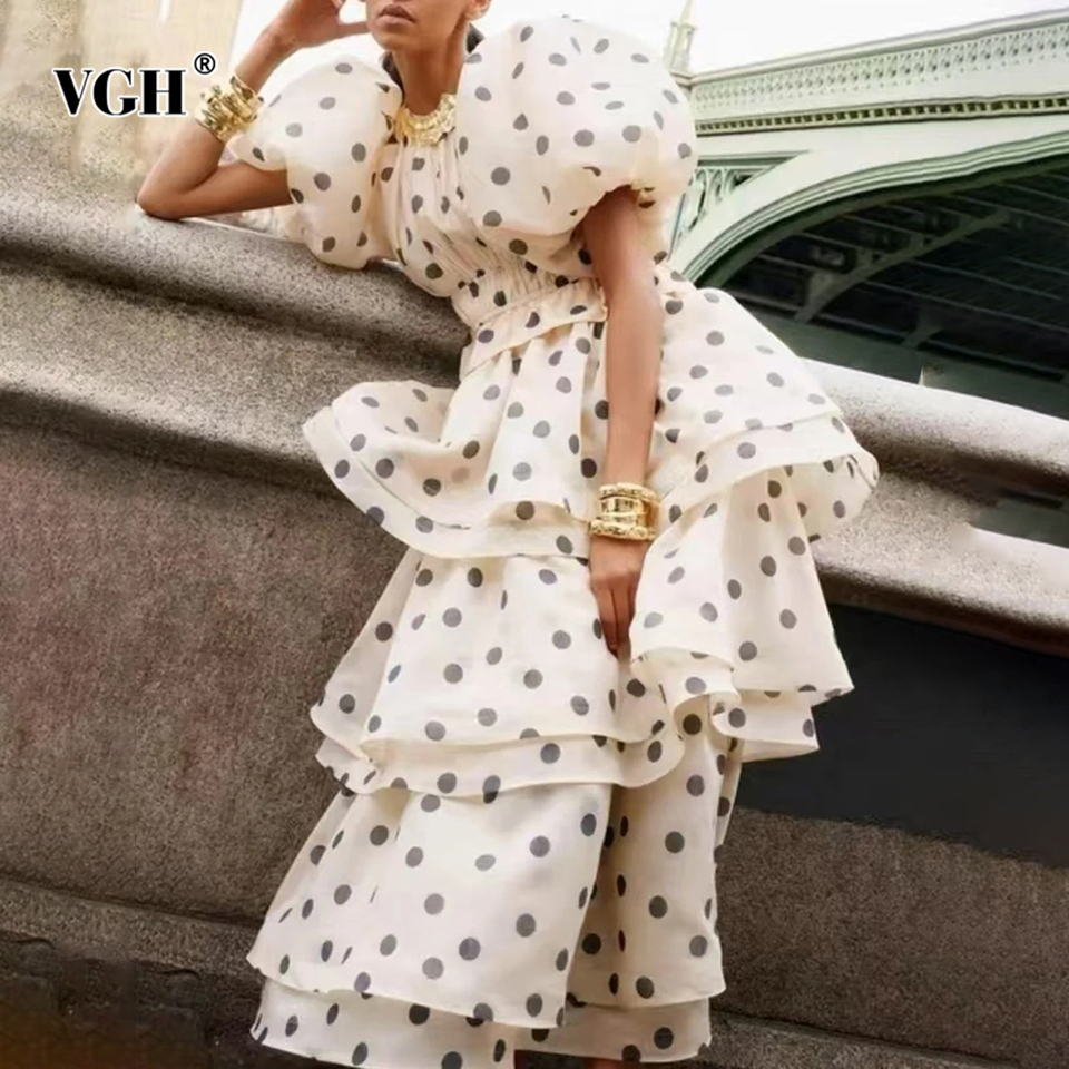 VGH Loose Cute Printing Two Piece Sets For Women Round Neck Puff Sleeve Top High Waist Long Skirts Elegant Set Female Fashion