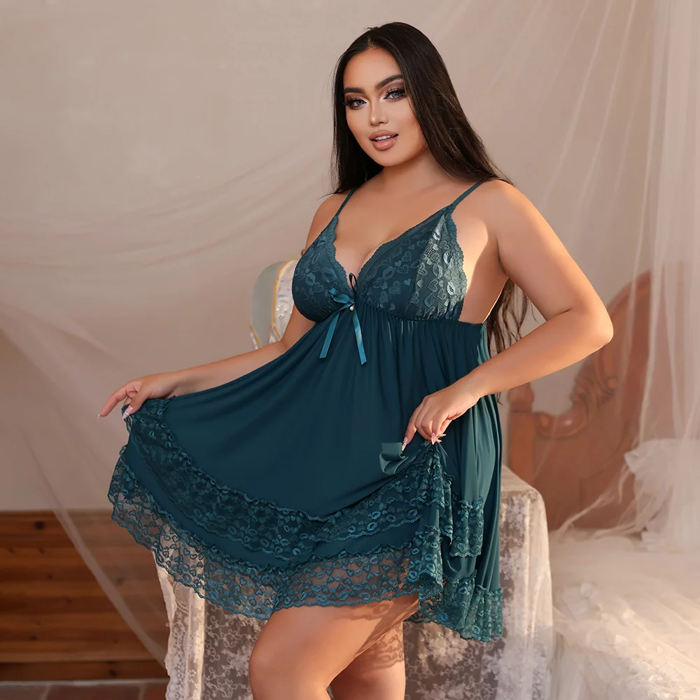 Plus Size Teal Lace Babydoll Lingerie Dress - Sexy V-Neck Spaghetti Strap Nightgown, Sheer Mesh Sleepwear for Curvy Women view 6