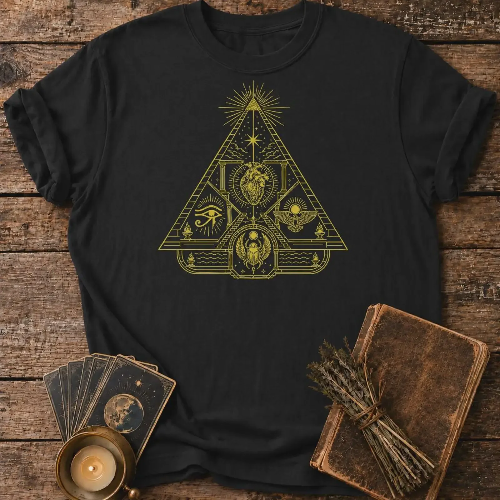 Egyptian Pyramid T Shirt Eye of Horus Sacred Geometry Scarab Heart Ancient Egypt  vintage Washed graphic Stretched Stylish