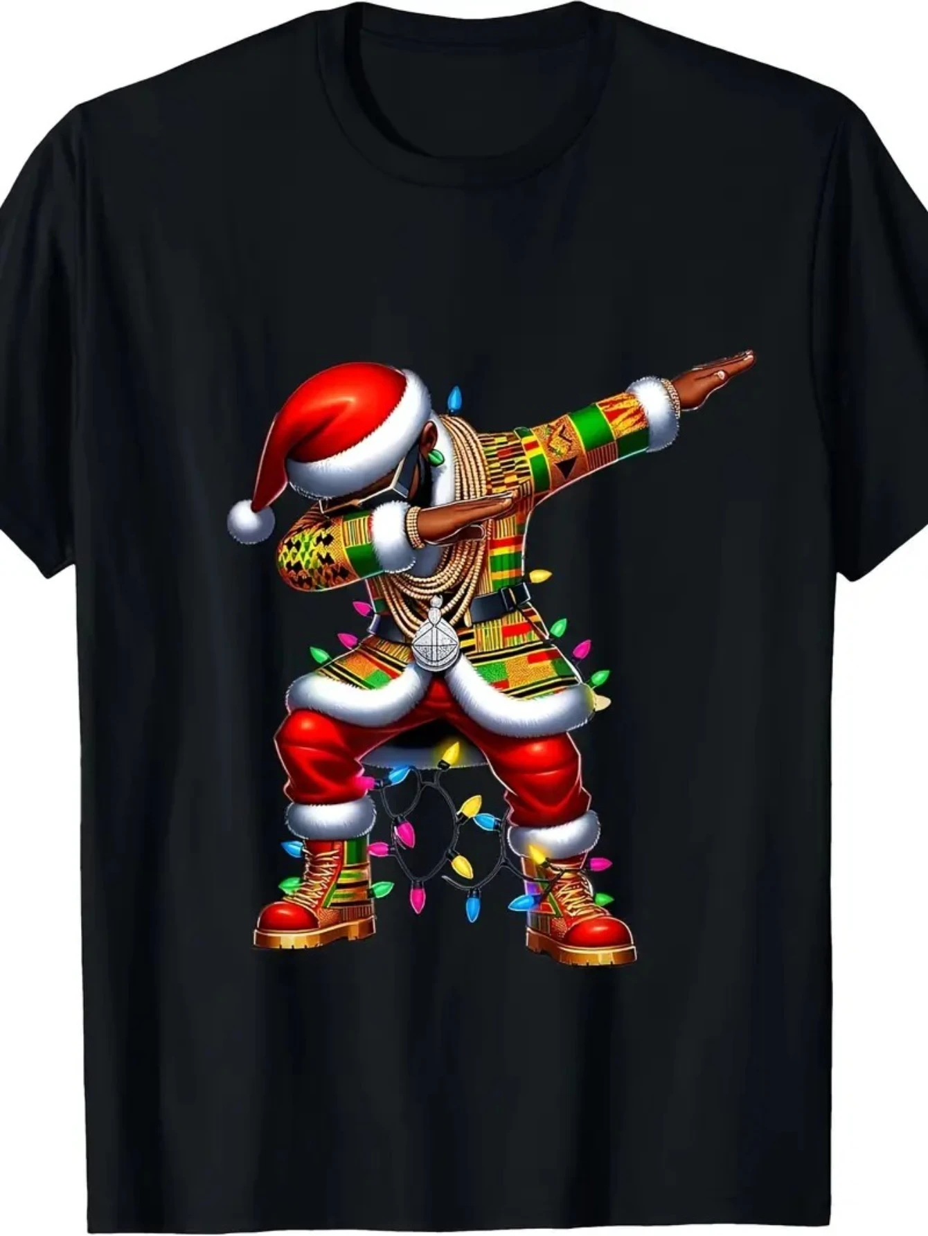Men's Fun Dabbing Santa Christmas T-Shirt with Sparkling Lights and Dab Pose - Crew Neck Short Sleeve, All Seasons, S-XXL Size, Perfect for Holiday Parties