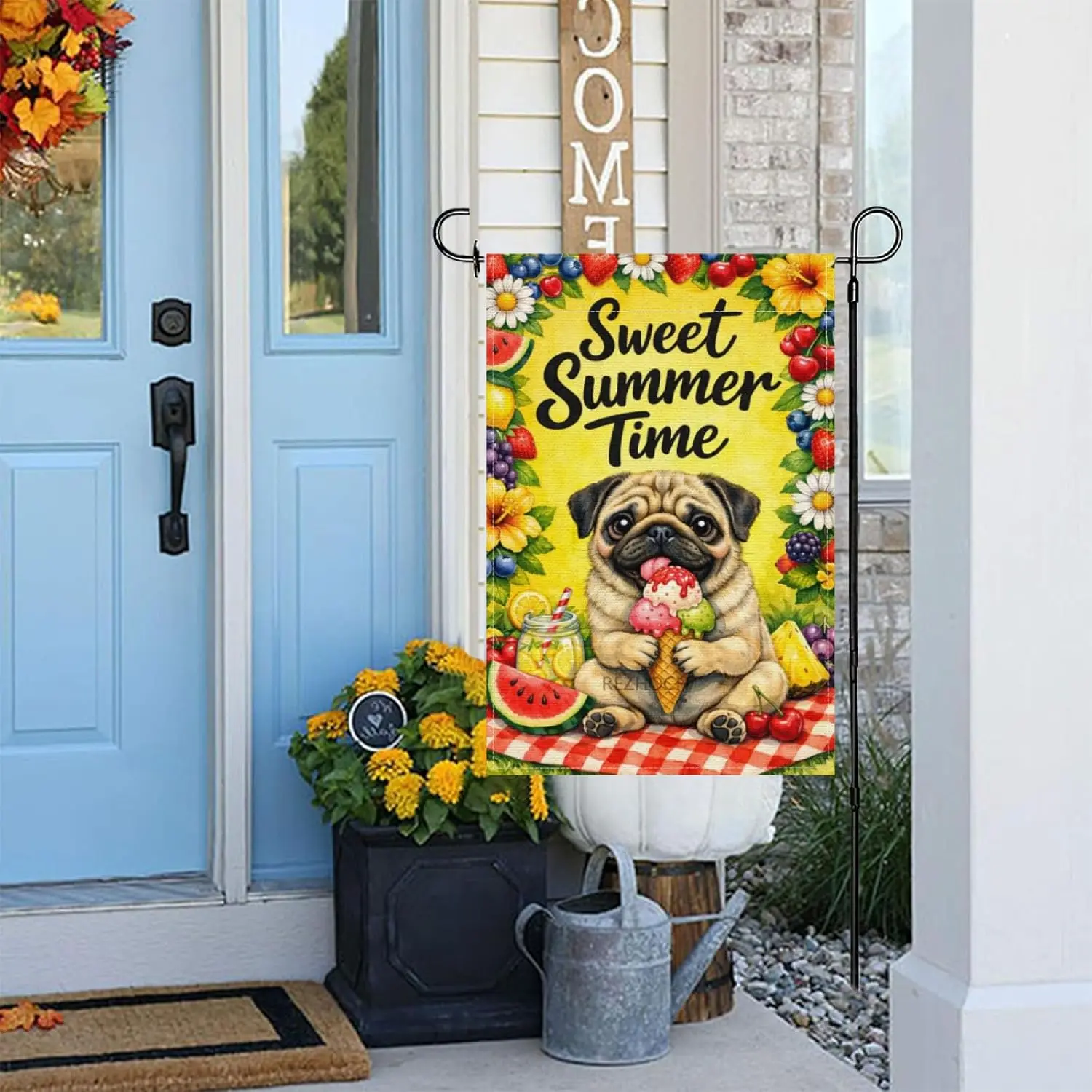 Sweet Summer Time Fun Pug Garden Flag 12x18Inch,Cute Dog Flower Fruit Checkered Picnic Cloth,Animal Double Sided Seasonal Fa AAS