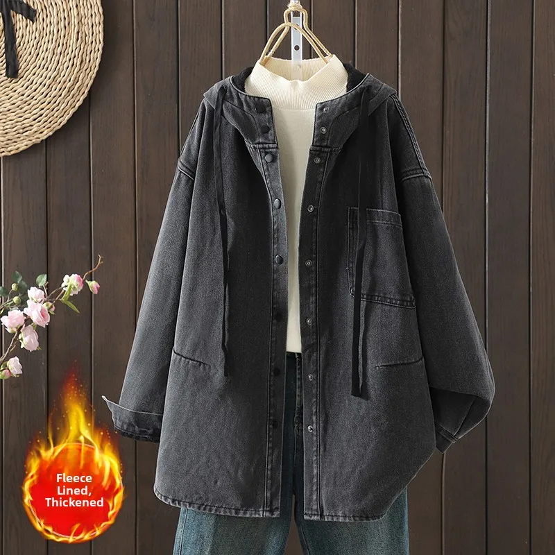 حجم كبير التخسيس Thiened Fce المرأة الدنيم irt Jaet نوعية جيدة طويلة Sve زر واحد ملابس خارجية غير رسمية