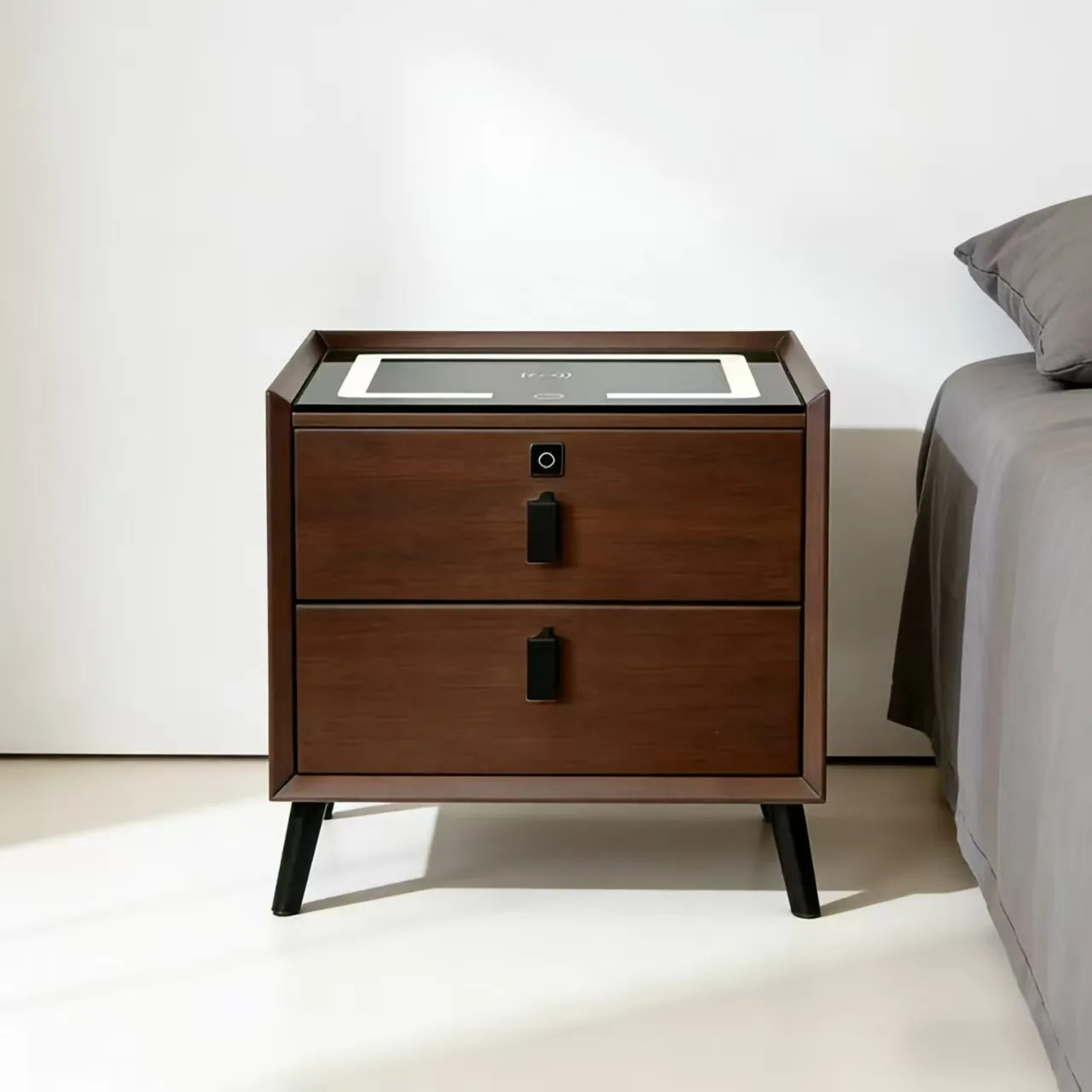 # Hot Sale Smart Bedside Cabinet 2 Drawers Modern Wood Tempered Glass Top Wireless Charging Bluetooth Speaker Bedroom Furniture