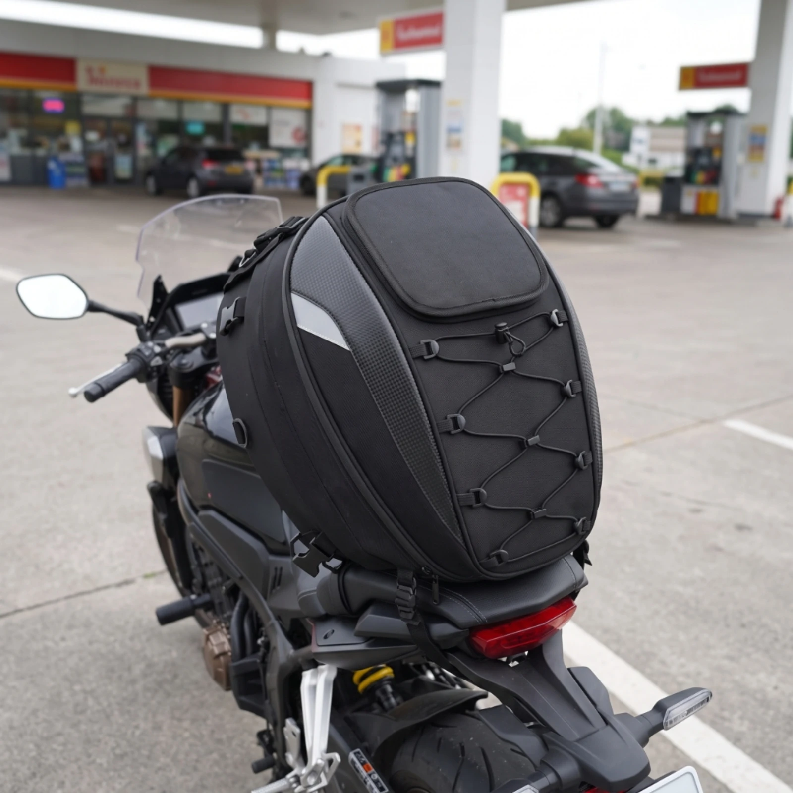 Motorcycle Rear Seat Bag Water-Resistant Motorcycle Tail Bag with Backpack Straps Reflective Structured for Commuters 5