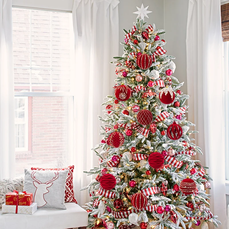 8cm 4pcs/box Burgundy Christmas Balls Ornaments Wine Red Flocking Christmas Tree Hanging Ball Noel New Year Party Decorations