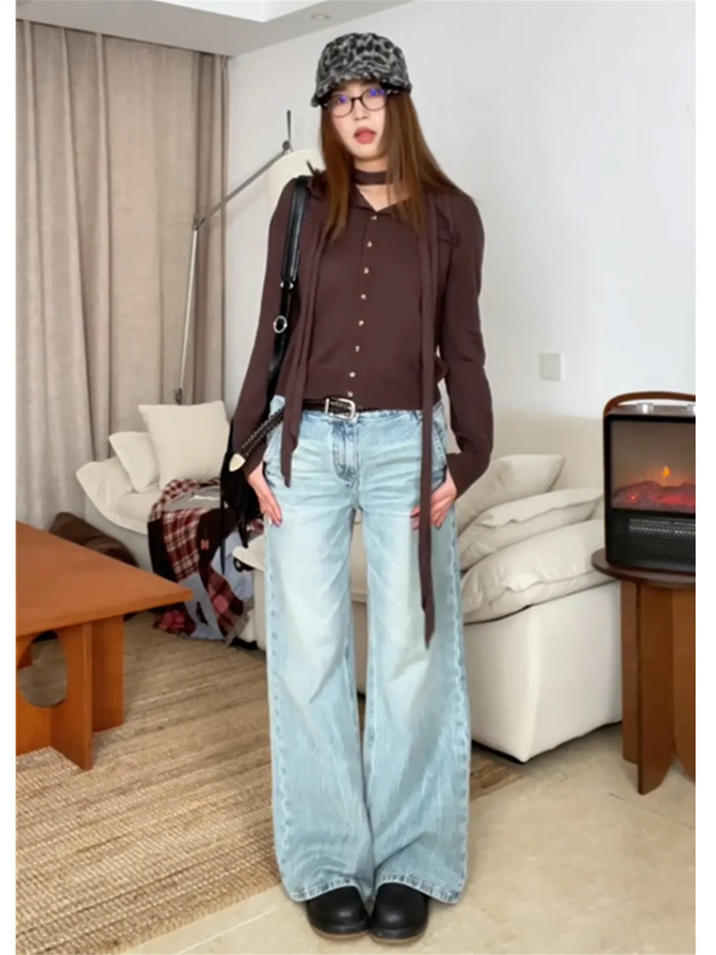 

Американские винтажные джинсы с низкой посадкой, светло-голубые, прямые, женские, свободные, утягивающие, широкие брюки, повседневные, из хлопка