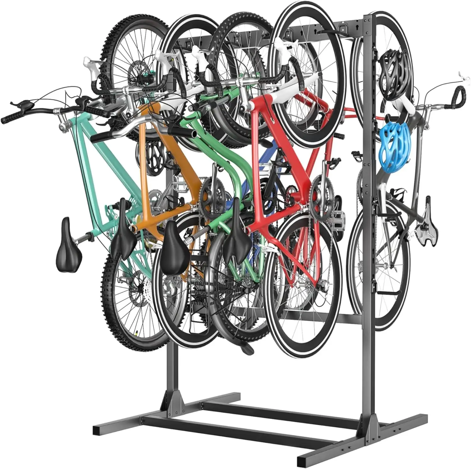 Freestanding bike storage rack for garage, can accommodate 6-7 bicycles and 7 helmets, vertical bike storage rack for floor-stan