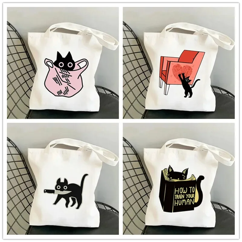 Divertente cartone animato gatto donne borse a tracolla tela Tote Bag grande capacità senza cerniera Shopping Shopper borsa Lightweigh ragazza borse