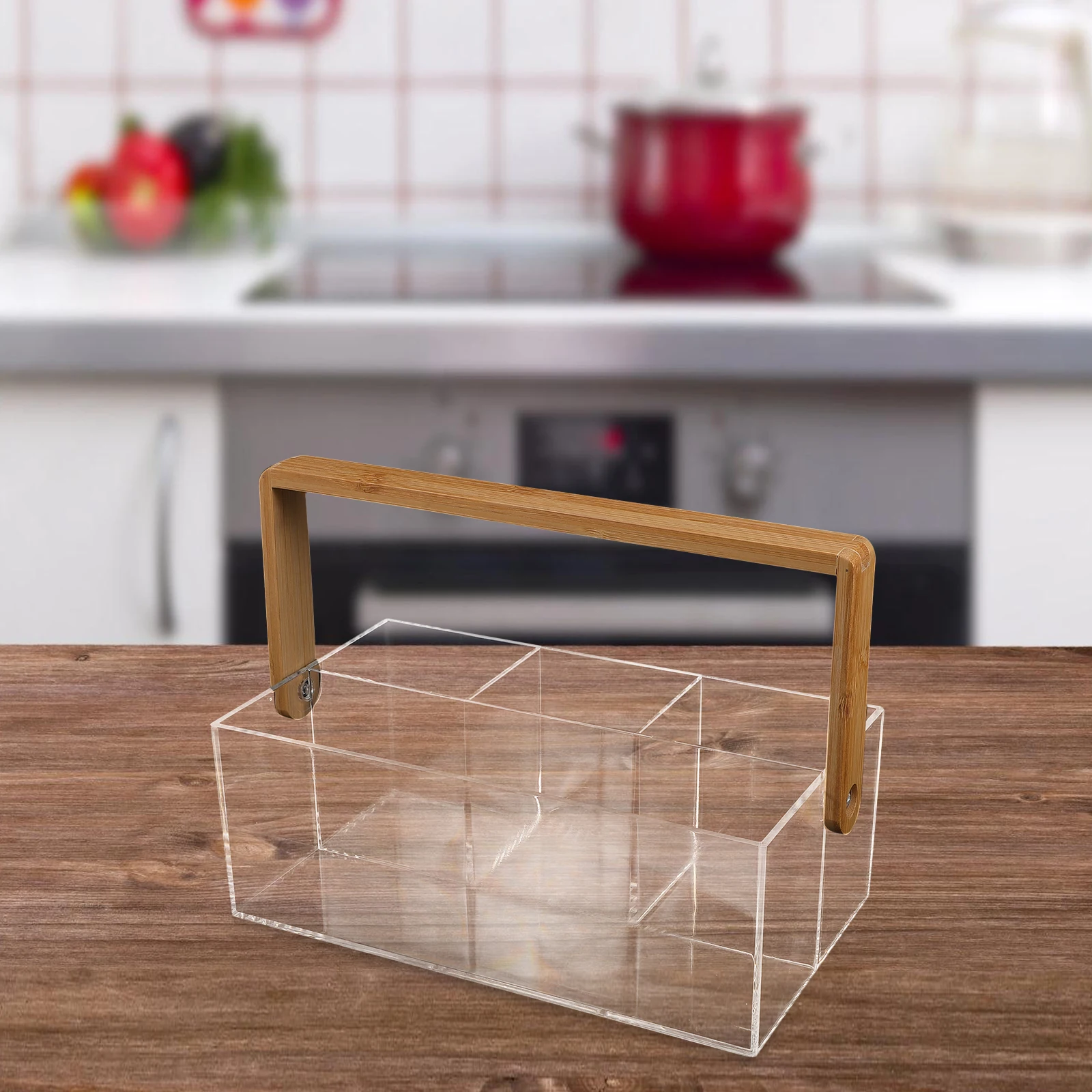 

Clear Acrylic Cutlery Box Multi Function Tableware Organizer Bamboo Handle Portable Silverware Holder For Kitchen Picnic Party