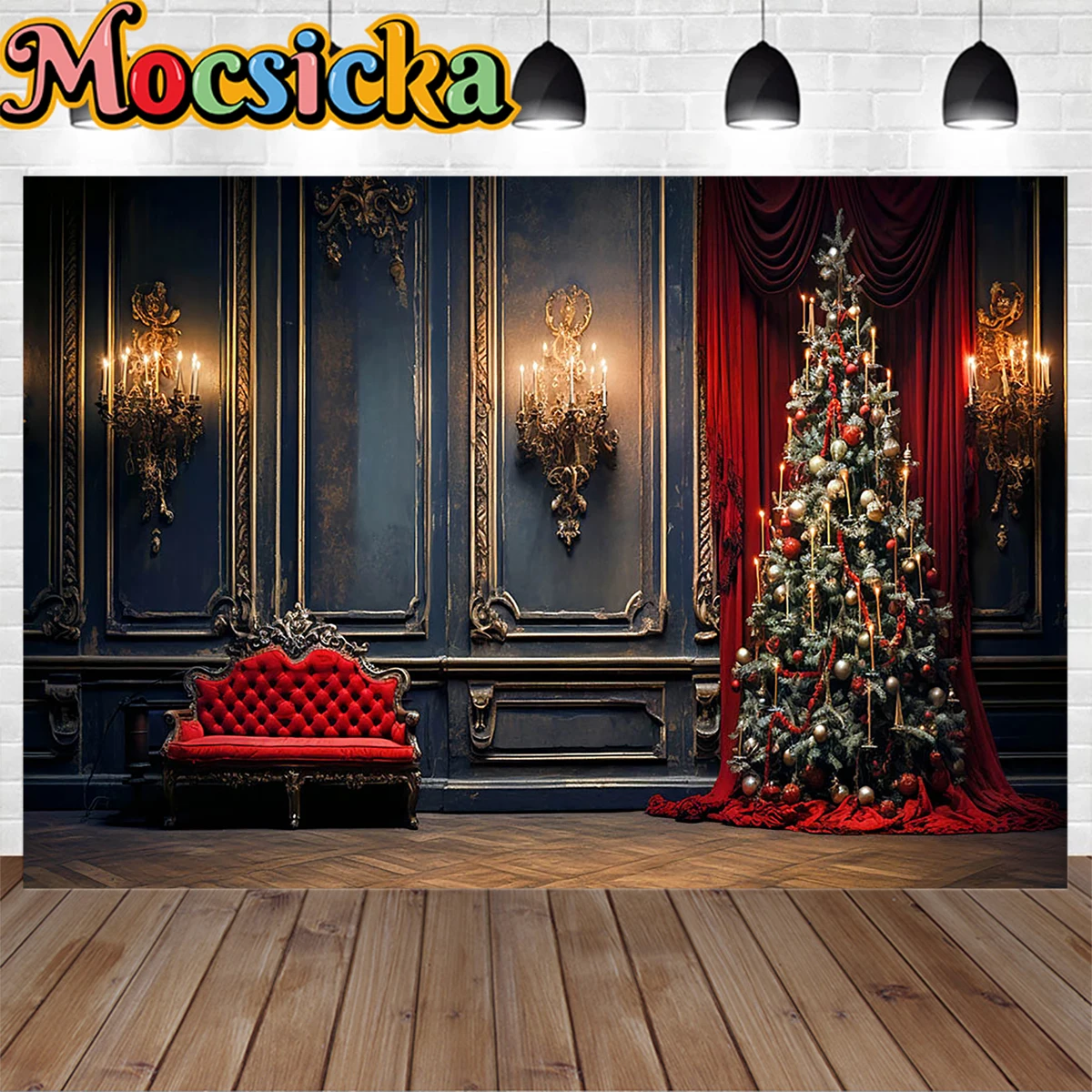 Mocsicka Christmas Room Retro Black Wall Background Decoration Xmas Tree Candle Backdrop Family Kids Portrait Photo Studio Props