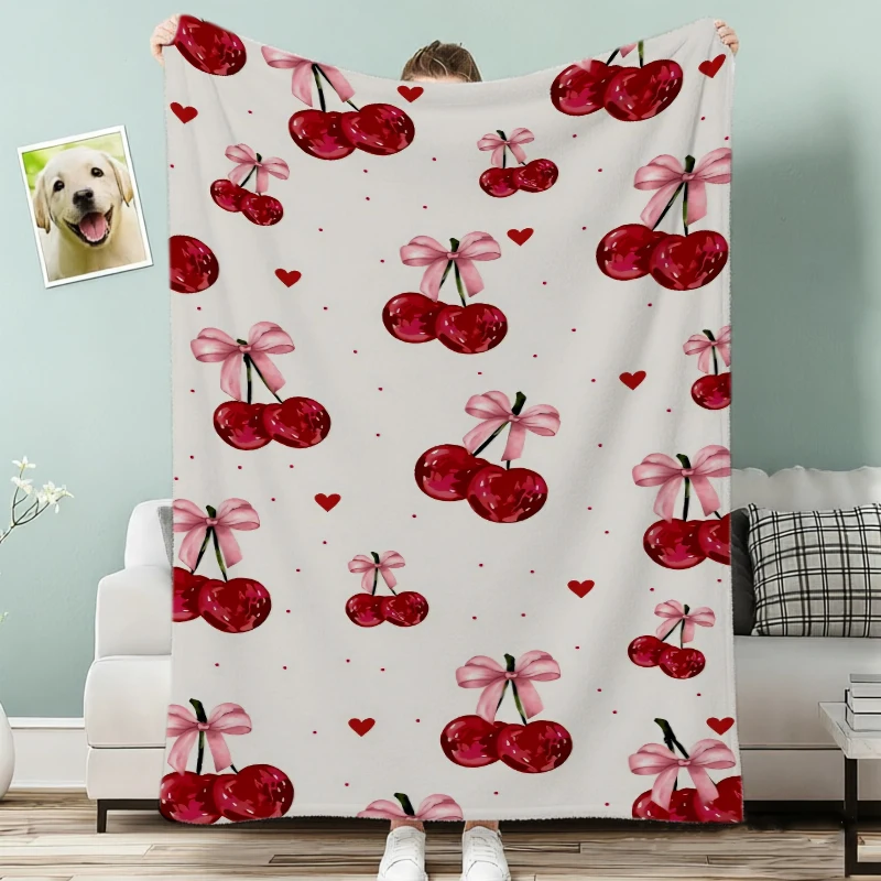 Pink White Stripe Cherry Bow Watercolor Flannel Blanket For Sweet Bedroom Decor Soft Warm Throw Blanket Wrap
