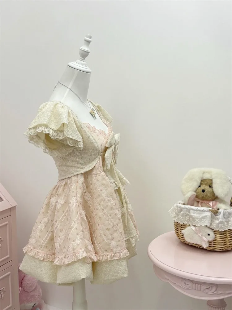 Japanese Style Y2k Cutecore Retro 2 Piece Sets Women Off Shoulder Tops + Pleated Mini Dress Set New Pink Lolita Chic Suit Summer