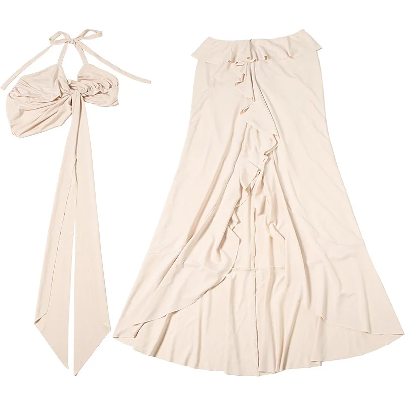 الصيف 2 قطعة مجموعة المرأة الاتجاه الجديد الرسن غير النظامية بروتيل + الخوخ الأرداف الكشكشة سبليت ماكسي التنانير مطابقة دعوى