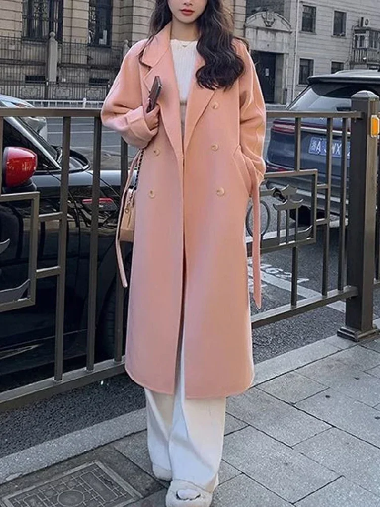 Fashion Long Coat Women Lace Up Full Sleeve Lapel Causal Female Midi Jacket 2024 Spring  Faux Woolen Loose Solid Lady Outwear