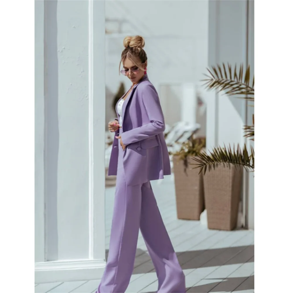 Fashion Chic Purple Suits for Women Notch Lapel 2 Piece Jacket Pants Female Clothing Slim Fit Formal Office Lady Blazer Sets