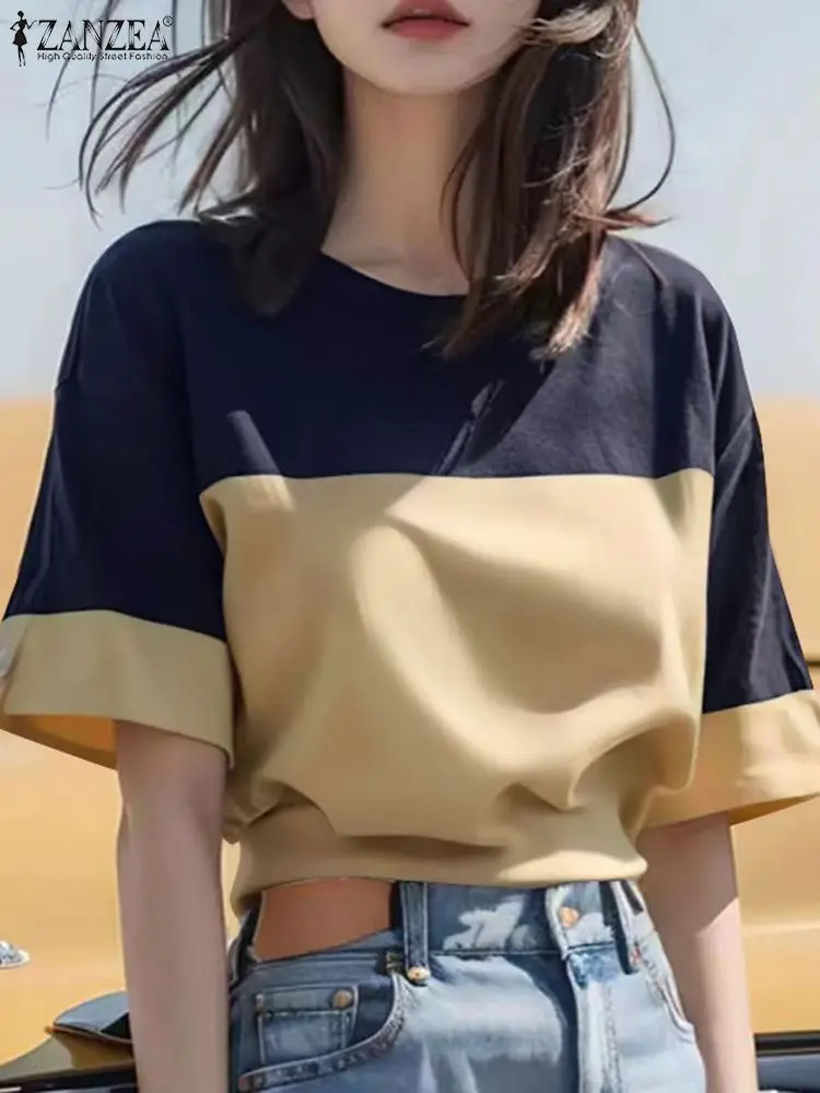 

ZANZEA Harajuku Patchwork Loose Tops 2024 Autumn Short Sleeve Blouse Women Korean Fashion Basic Tunic Holiday Round Neck Blusas