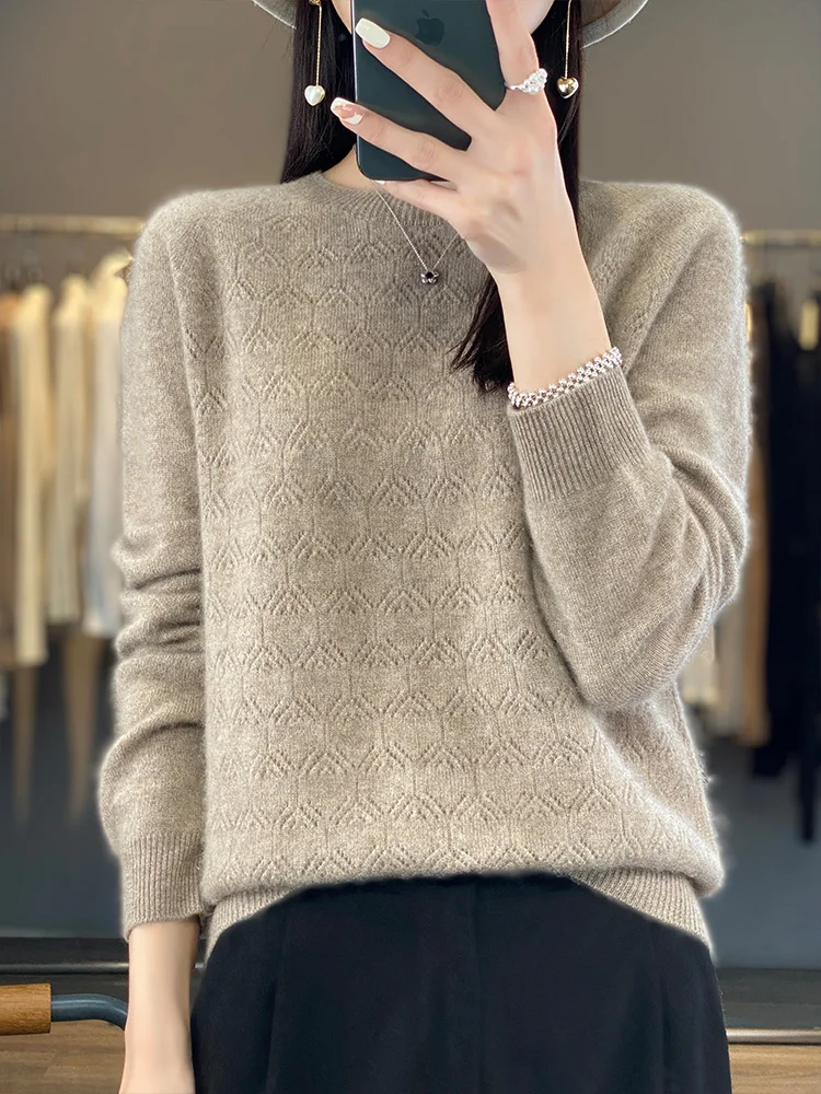 Women O-neck Knitted Thin Cardigan 100% Merino Wool Long Sleeve Sweater For Spring Autumn Casusal Hollow out tops Clothing