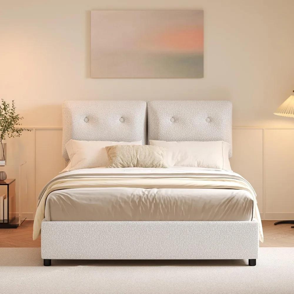 Breathable Boucle Fabric Upholstered Bed Frame with Headboard, Removable and Washable, Wood Slat Support, No Box Spring Needed