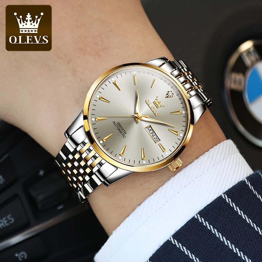 OLEVS 6635 Mechanical Business Watch Gift Stainless Steel Watchband Round-dial Week Display Calendar Luminous