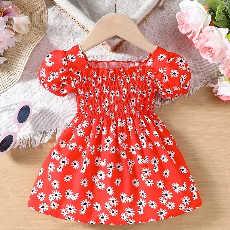 2024 Summer Children Fashion Print Dress Girls Korean Version Style Short Sleeves Small Daisy Dress 0-2Years Baby Princess Dress