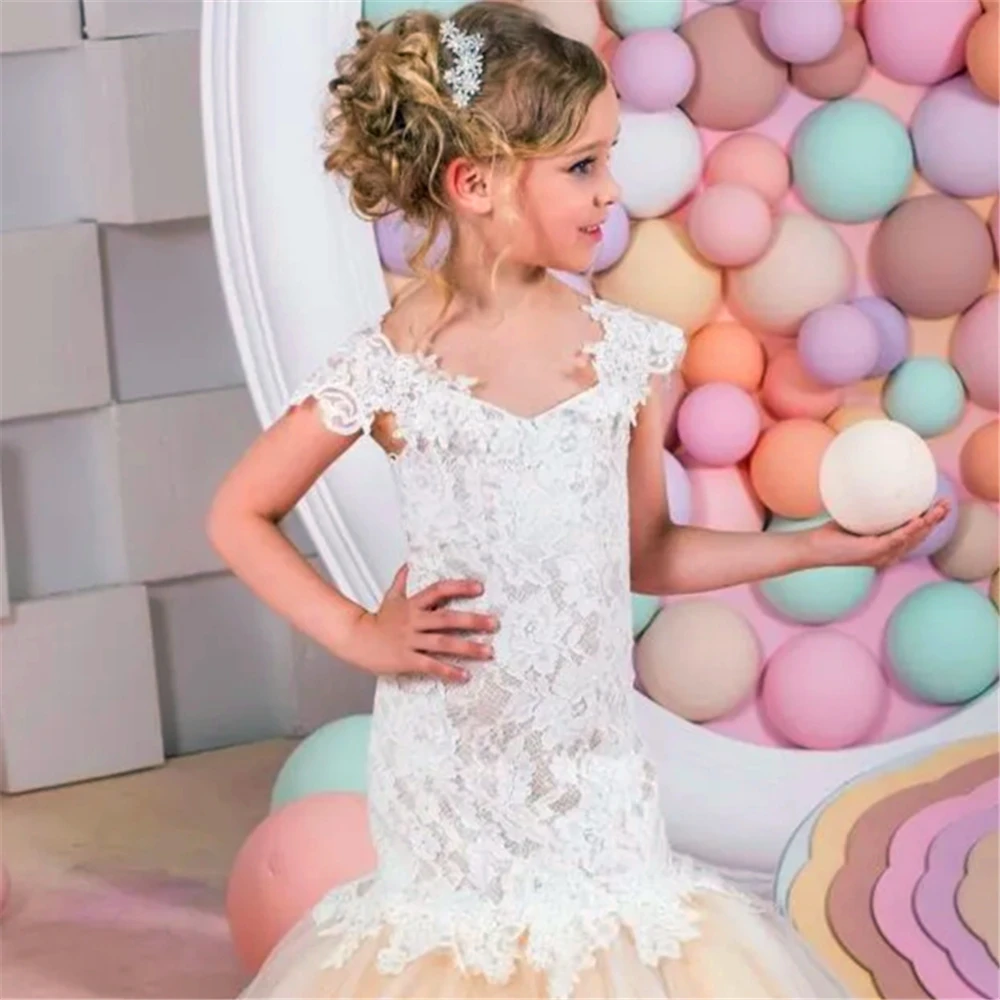 First Communion Dresses Kids Surprise Birthday Present Elegant Sleeveless Tulle Lace Printing Flower Girl Dress Princess Ball