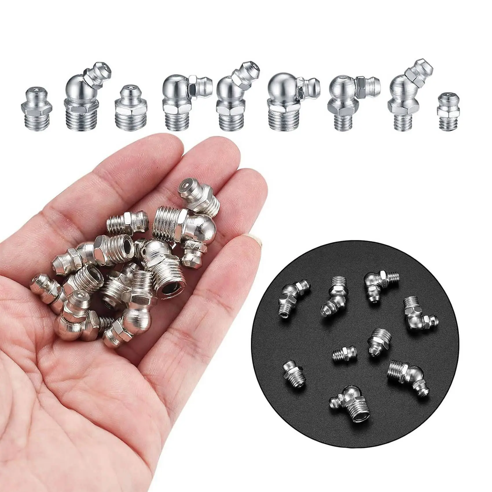 Kit de accesorios de grasa métrica ABKJ-120Pcs, surtido Zerk de grasa hidráulica M6 M8 M10 45 90 grados para grasa en ángulo mecánica