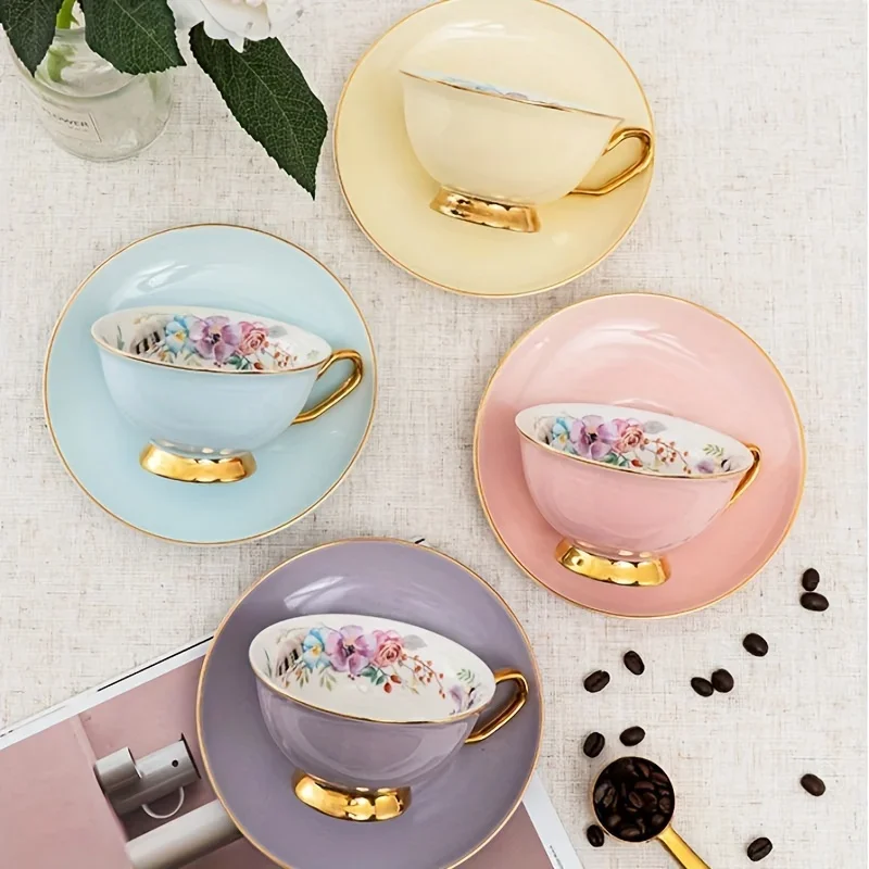 1set 200ml Coffee Mug Elegant European Bone China Teacup Set Insulated Multipurpose Ceramic Drinkware with Saucer for Home