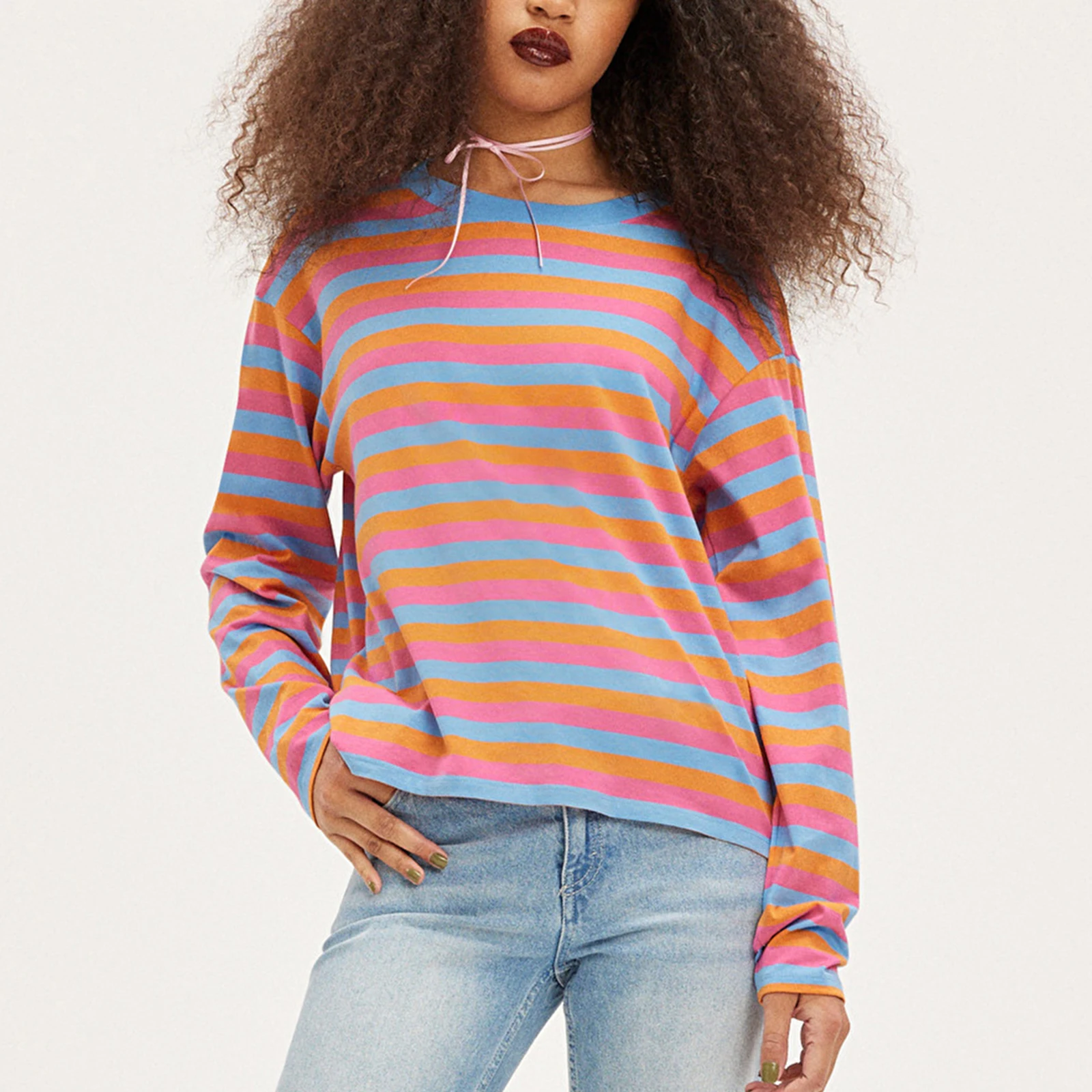 

Autumn Casual Basic Vintage Tops Long Sleeve Round Neck Loose Fit Striped Print T-shirts Streetwear Women