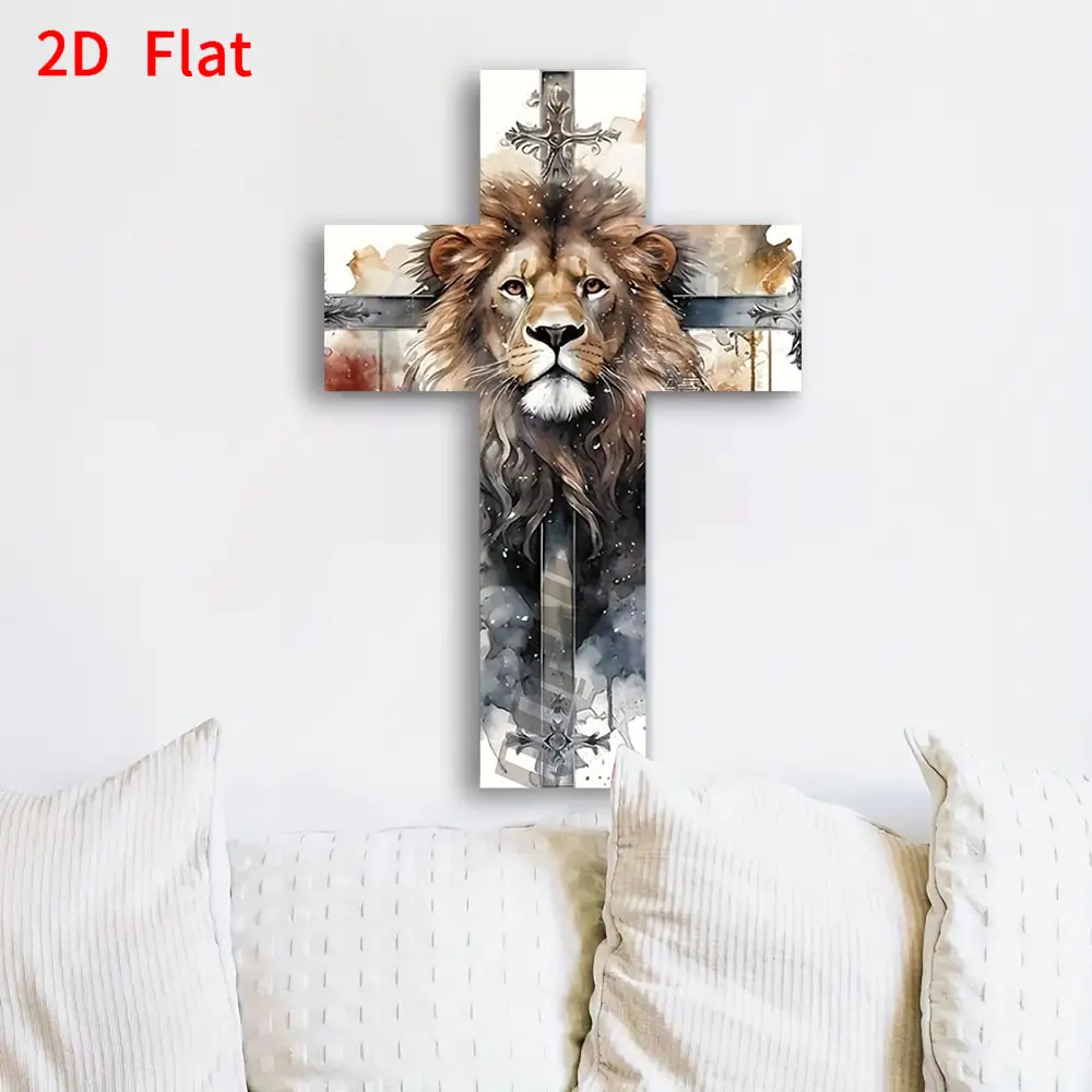 Cruz de metal con diseño de león de Jesucristo, plana en 2D, 1 pieza, artículos de decoración para el hogar, regalo conmemorativo para Halloween/Navidad/Día de la Independencia/Día del Padre