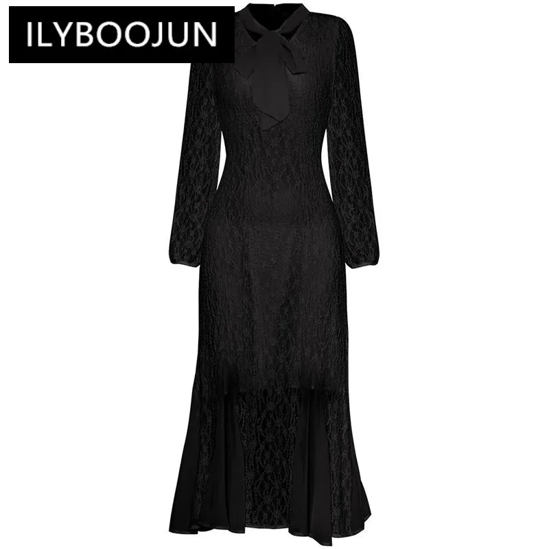 

ILYBOOJUN Fashion Women's New V-Neck Lace-Up Bow See-Through Long-Sleeved High-Waisted Mesh Hip Wrap Slim-Fit Fishtail Dress