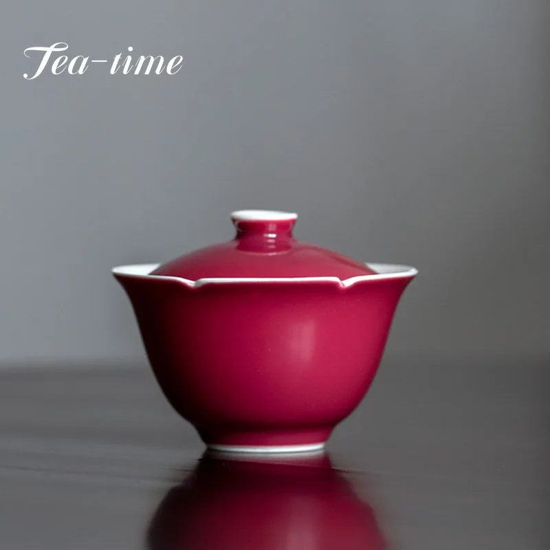 

Carmine Red Kwai Mouth Tea Tureen Single Hand Grab Bowl Tea Maker Ceramic Household Gaiwan with Lid Kung Fu Tea Set Wholesale