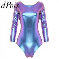 Swimwear for Women Shiny Metallic High Cut Bodysuit 3/4 Sleeve Open Back Skinny Leotard Swimsuit Gym Bodysuit for Pole Dance