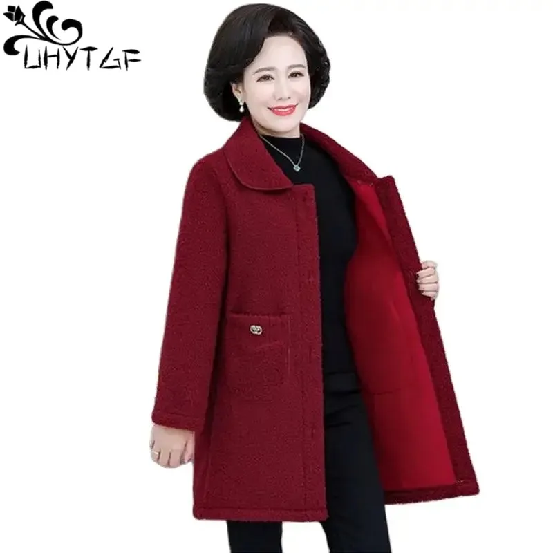 

XL-6XL Mother Winter Jacket Women's Single Breasted Luxury Lambswool Windbreaker Coat Female Granular Fleece Warm Outerwear 2870