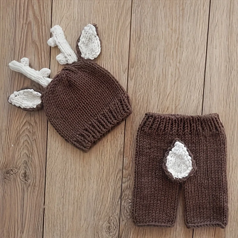 Sika Deer Style Newborn Photography Costume Crochet Pants and Cap Photog Props Cartoon Animals Hat Pant Set Baby Outfit Romper